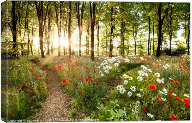 Forest sunrise with spring flowers and path Canvas Print by Simon Bratt LRPS