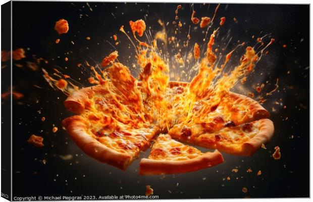 Exploding pizza on a dark background created with generative AI  Canvas Print by Michael Piepgras