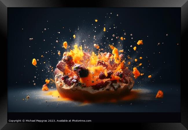 Exploding pizza on a dark background created with generative AI  Framed Print by Michael Piepgras