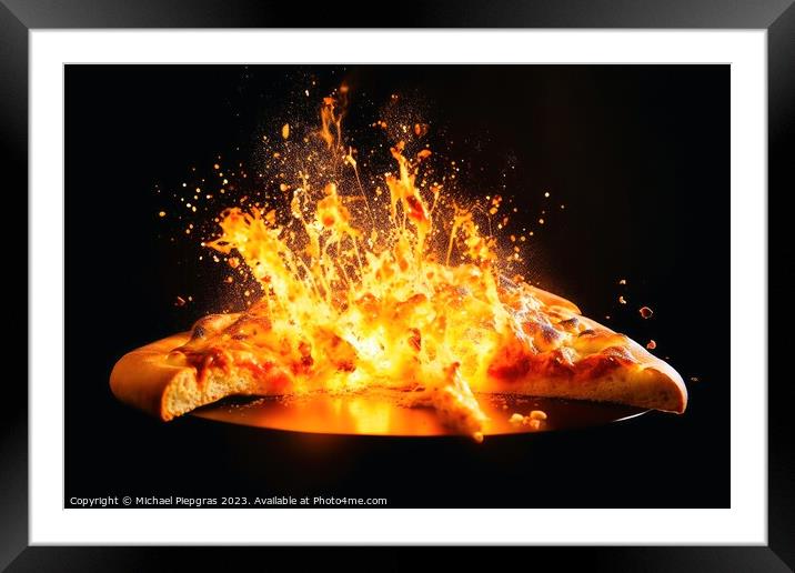 Exploding pizza on a dark background created with generative AI  Framed Mounted Print by Michael Piepgras