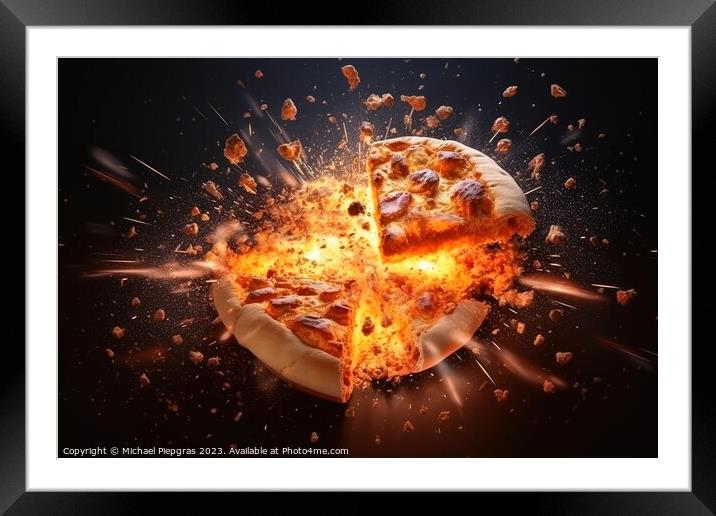Exploding pizza on a dark background created with generative AI  Framed Mounted Print by Michael Piepgras