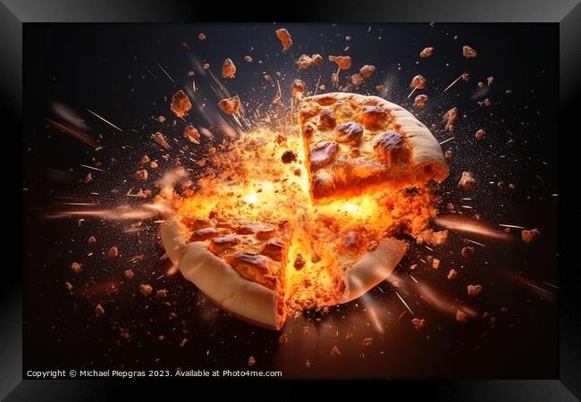 Exploding pizza on a dark background created with generative AI  Framed Print by Michael Piepgras