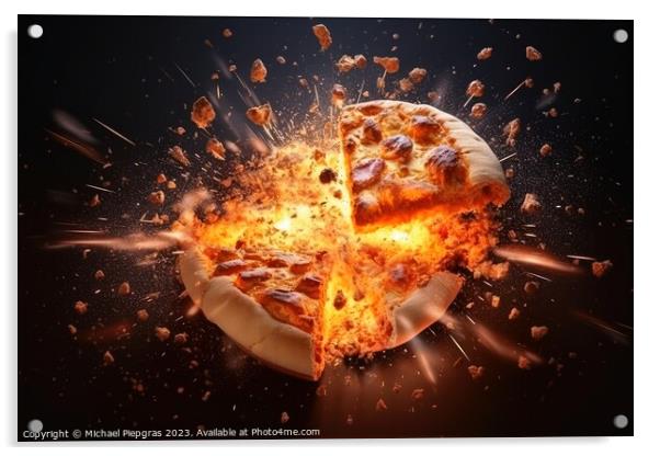 Exploding pizza on a dark background created with generative AI  Acrylic by Michael Piepgras