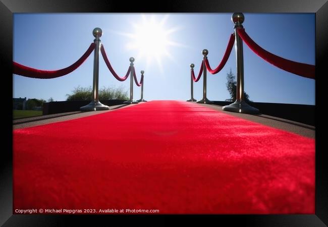 Red carpet low angle view created with generative AI technology. Framed Print by Michael Piepgras