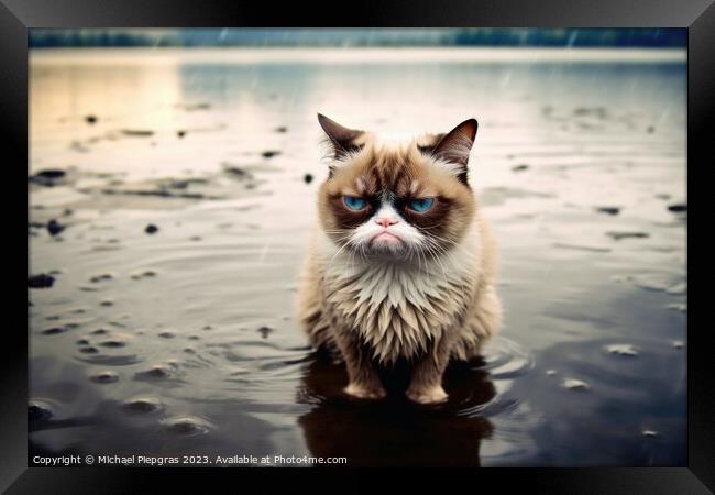 A Surreal grumpy cat created with generative AI technology. Framed Print by Michael Piepgras