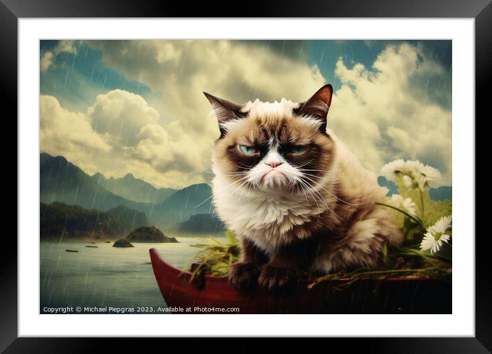 A Surreal grumpy cat created with generative AI technology. Framed Mounted Print by Michael Piepgras