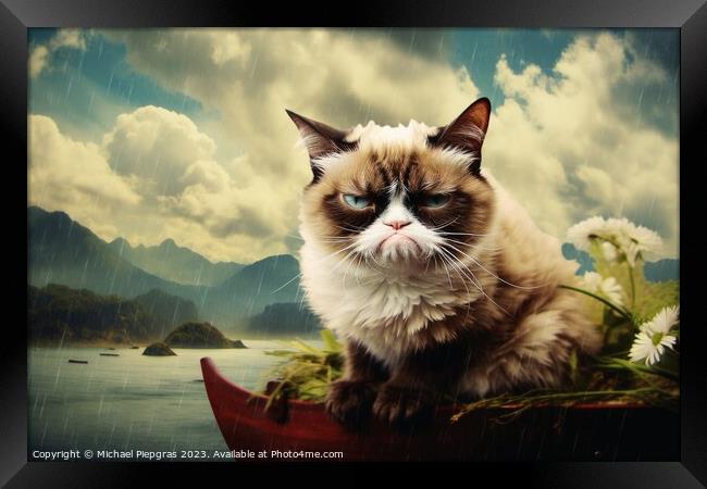 A Surreal grumpy cat created with generative AI technology. Framed Print by Michael Piepgras