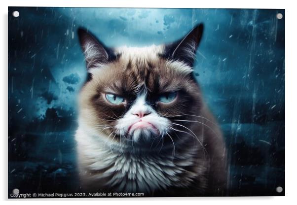 A Surreal grumpy cat created with generative AI technology. Acrylic by Michael Piepgras