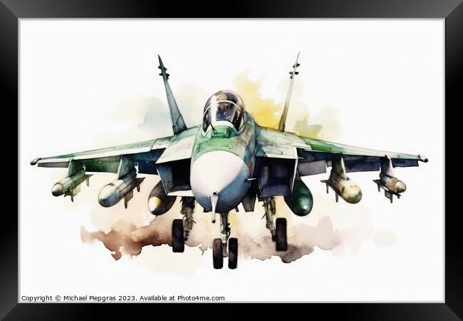 Watercolor military jet on white background created with generat Framed Print by Michael Piepgras