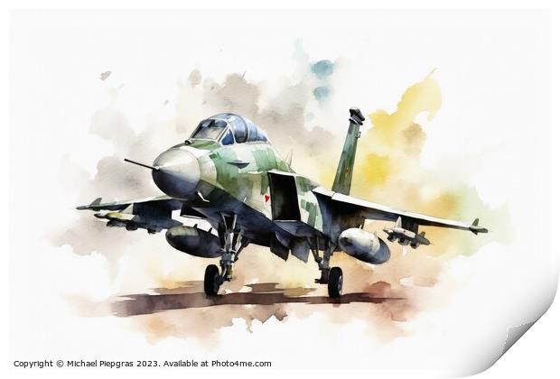 Watercolor military jet on white background created with generat Print by Michael Piepgras
