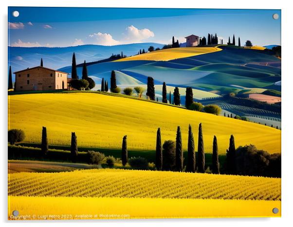 Farmhouse among  the rolling hills of Tuscany, Italy. Acrylic by Luigi Petro