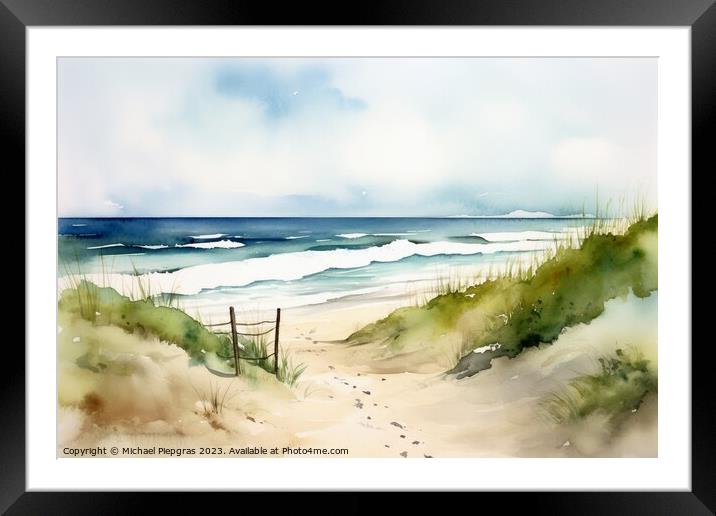 Watercolor of a beautiful beach created with generative AI techn Framed Mounted Print by Michael Piepgras