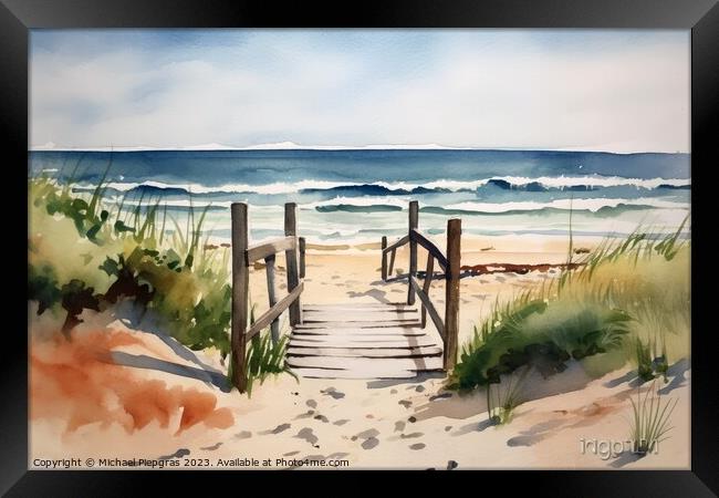 Watercolor of a beautiful beach created with generative AI techn Framed Print by Michael Piepgras