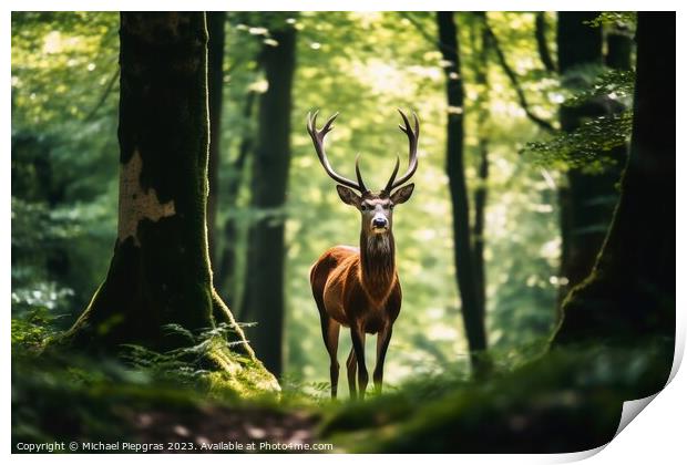 Wild deer in a forest created with generative AI technology. Print by Michael Piepgras