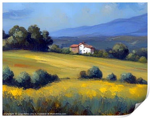 Farmhouse among  rolling hills, Oil painting. Print by Luigi Petro