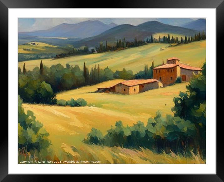Farmhouse amnt rolling hills of Tuscany, Italy. Framed Mounted Print by Luigi Petro
