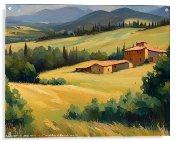 Farmhouse amnt rolling hills of Tuscany, Italy. Acrylic by Luigi Petro