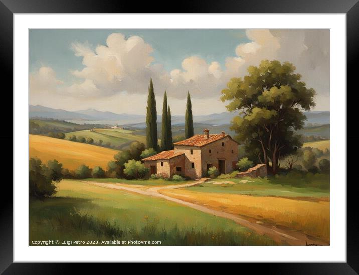 Farmhouse amnt rolling hills of Tuscany, Italy. Framed Mounted Print by Luigi Petro