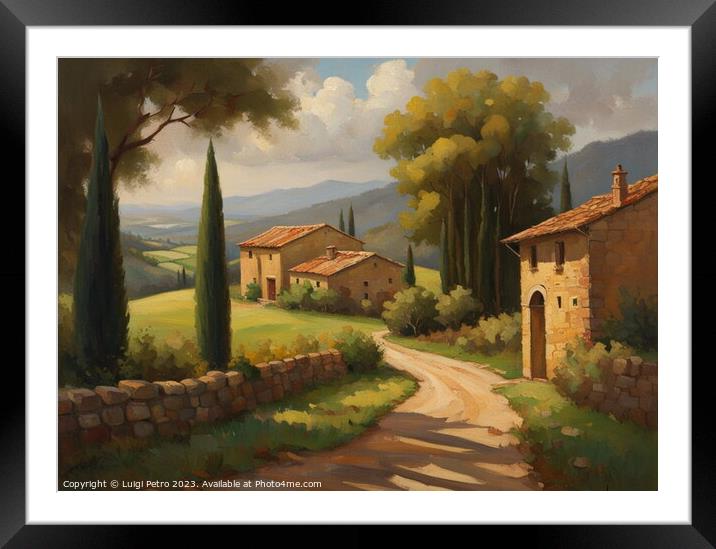Farmhouse among  rolling hills, Oil painting. Framed Mounted Print by Luigi Petro