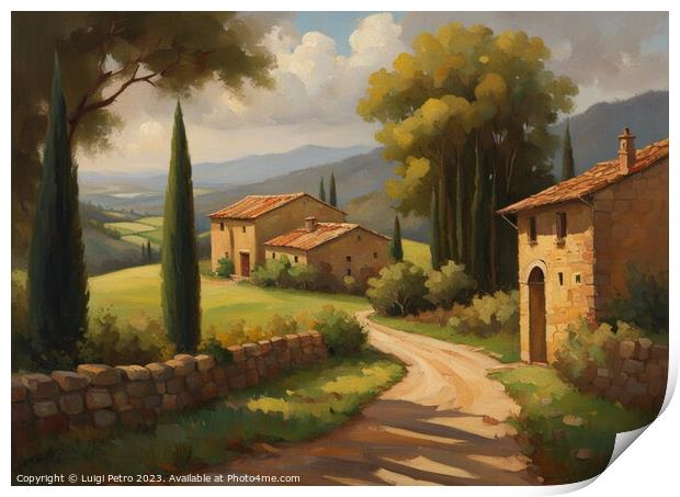 Farmhouse among  rolling hills, Oil painting. Print by Luigi Petro