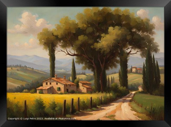 Farmhouse among  rolling hills, Oil painting. Framed Print by Luigi Petro