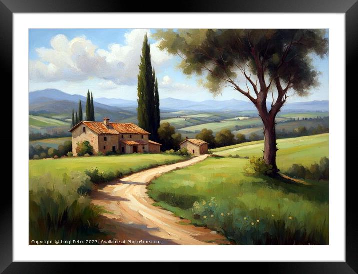 Farmhouse among  rolling hills, Oil painting. Framed Mounted Print by Luigi Petro