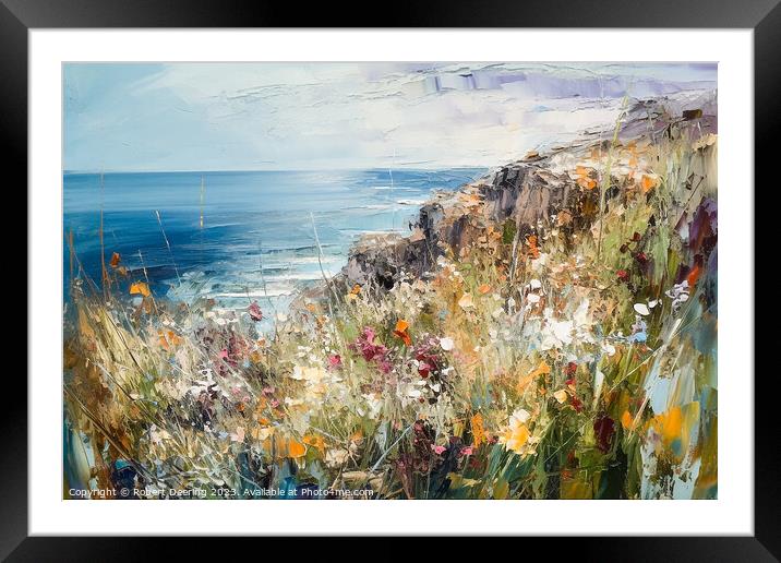 Tranquil Tides, Clifftop Wildflowers Framed Mounted Print by Robert Deering