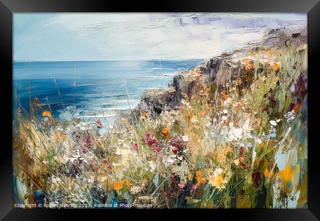 Tranquil Tides, Clifftop Wildflowers Framed Print by Robert Deering