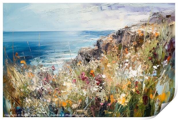 Tranquil Tides, Clifftop Wildflowers Print by Robert Deering
