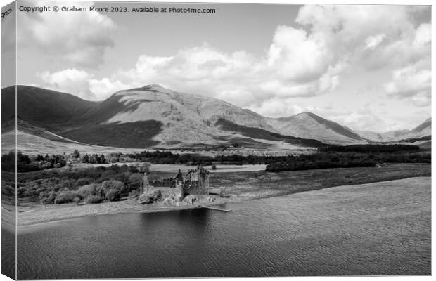Kilchurn Castle elevated view monochrome Canvas Print by Graham Moore