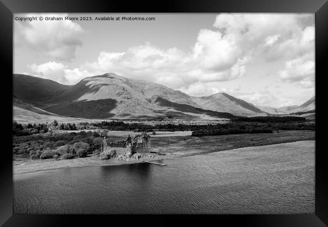 Kilchurn Castle elevated view monochrome Framed Print by Graham Moore