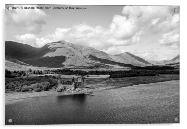 Kilchurn Castle elevated view monochrome Acrylic by Graham Moore