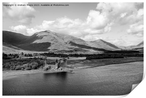 Kilchurn Castle elevated view monochrome Print by Graham Moore