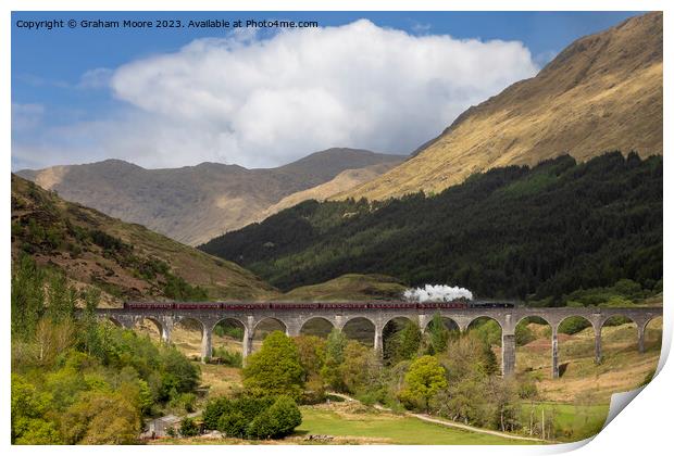 Steam train crossing Glenfinnan viaduct Print by Graham Moore