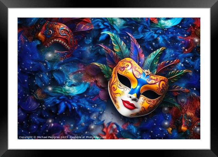 A background with a carnival mask created with generative AI tec Framed Mounted Print by Michael Piepgras