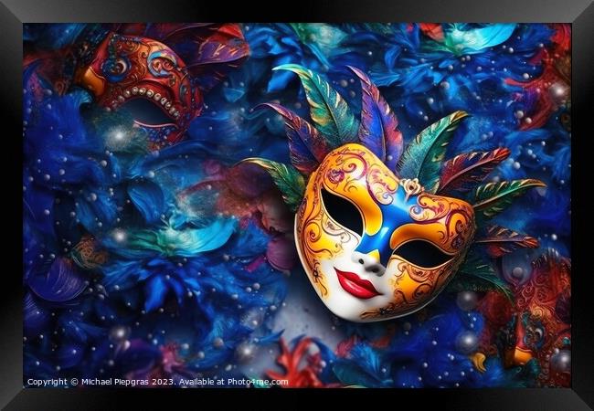 A background with a carnival mask created with generative AI tec Framed Print by Michael Piepgras