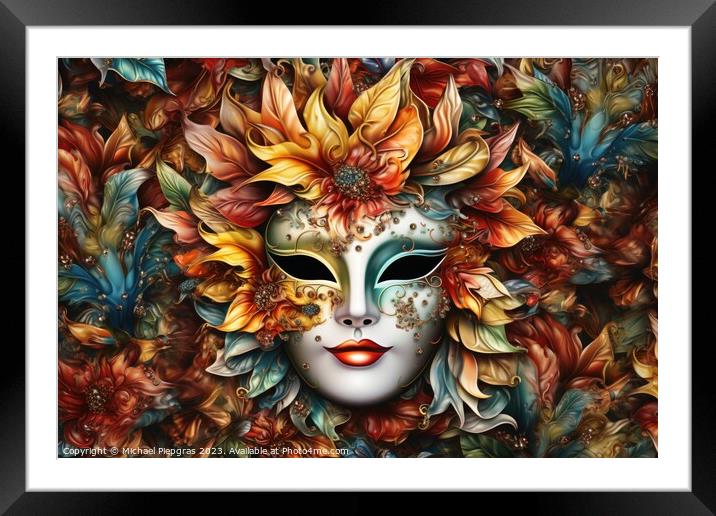 A background with a carnival mask created with generative AI tec Framed Mounted Print by Michael Piepgras