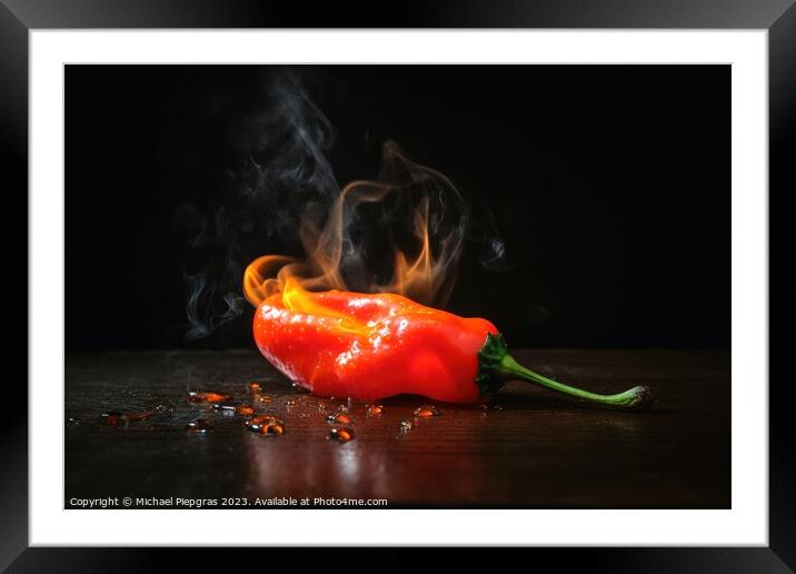 A burning hot peperoni on a dark background created with generat Framed Mounted Print by Michael Piepgras