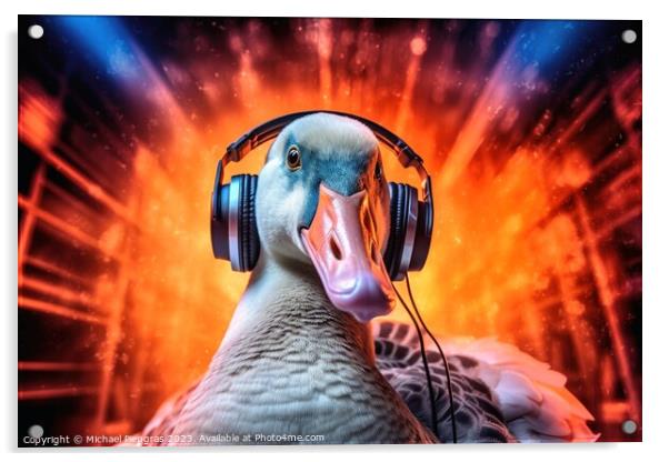 A goose as a Discjockey created with generative AI technology. Acrylic by Michael Piepgras
