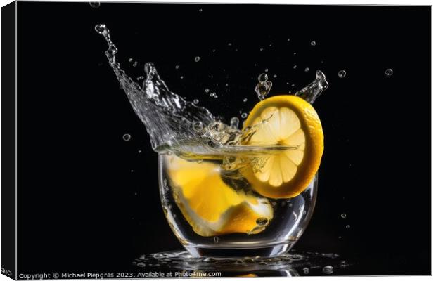 A lemon slice splashing into a cold cocktail created with genera Canvas Print by Michael Piepgras