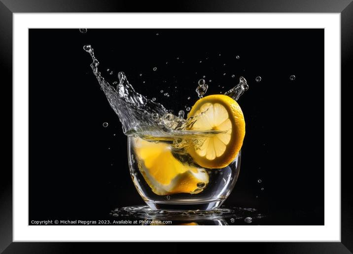 A lemon slice splashing into a cold cocktail created with genera Framed Mounted Print by Michael Piepgras
