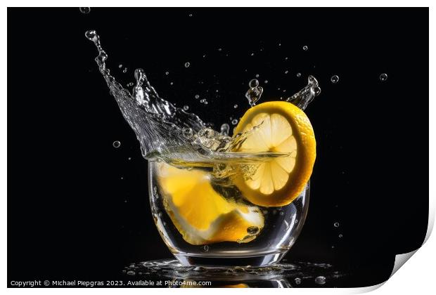 A lemon slice splashing into a cold cocktail created with genera Print by Michael Piepgras