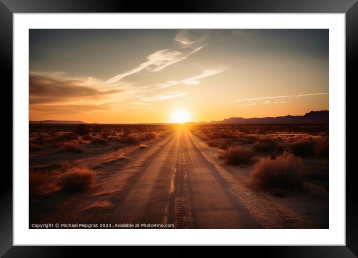 A lonely straight road in the American landscape at sunset creat Framed Mounted Print by Michael Piepgras