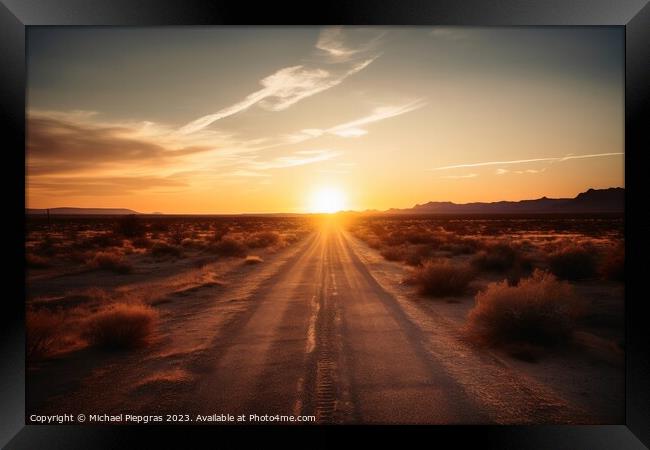A lonely straight road in the American landscape at sunset creat Framed Print by Michael Piepgras