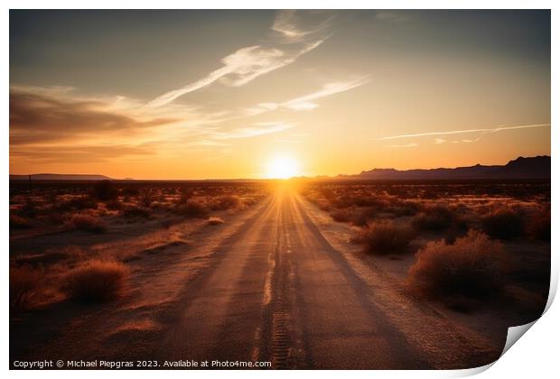 A lonely straight road in the American landscape at sunset creat Print by Michael Piepgras