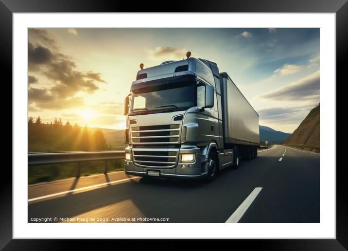A modern truck on a highway created with generative AI technolog Framed Mounted Print by Michael Piepgras