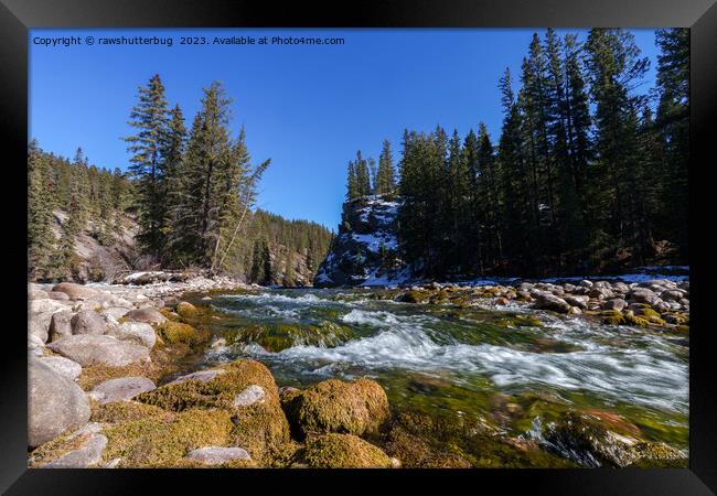 Serenity at the 5th Bridge - Athabasca River and Rocky Landscape Framed Print by rawshutterbug 