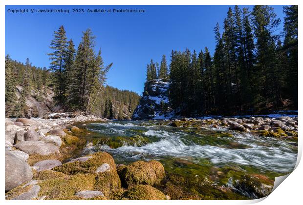 Serenity at the 5th Bridge - Athabasca River and Rocky Landscape Print by rawshutterbug 