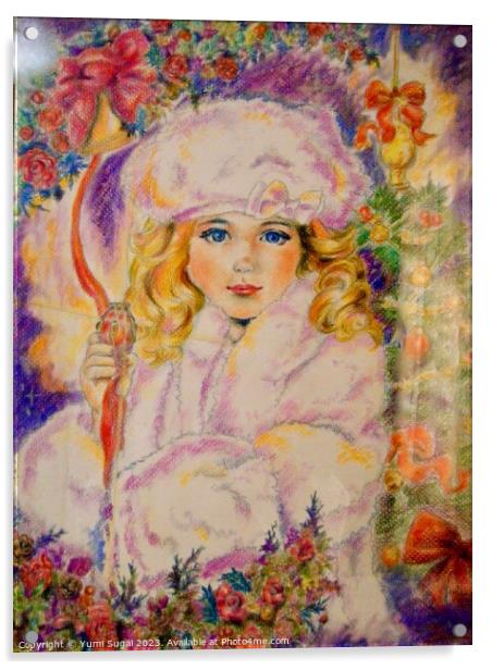 Yumi Sugai. Girl fairy in winter white coat. Acrylic by Yumi Sugai