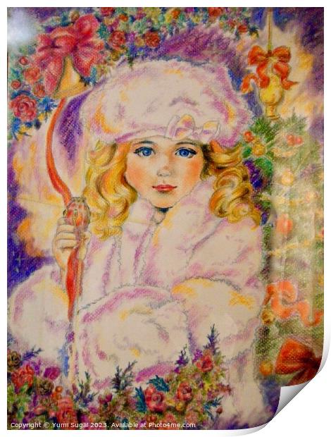 Yumi Sugai. Girl fairy in winter white coat. Print by Yumi Sugai